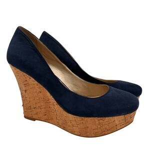 Boston Proper Navy Blue Leather Pammy Wedge Platform Cork Heels Size 9.5